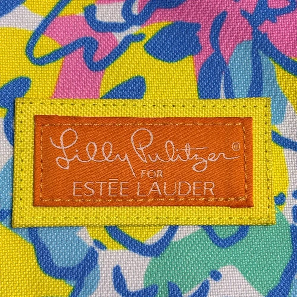 Lilly Pulitzer Estee Lauder Floral Canvas Tote Bag Blue Pink Yellow - Picture 2 of 5